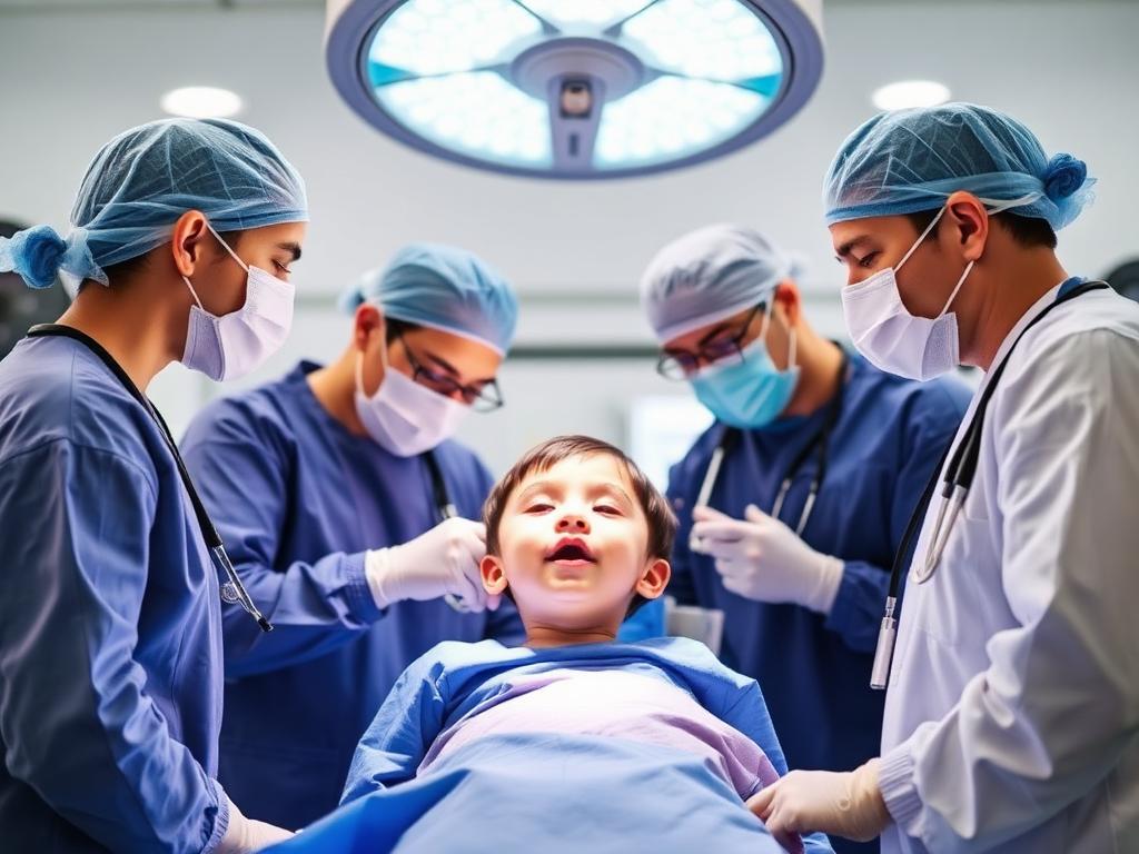 Equipo médico realizando cirugía de labio leporino